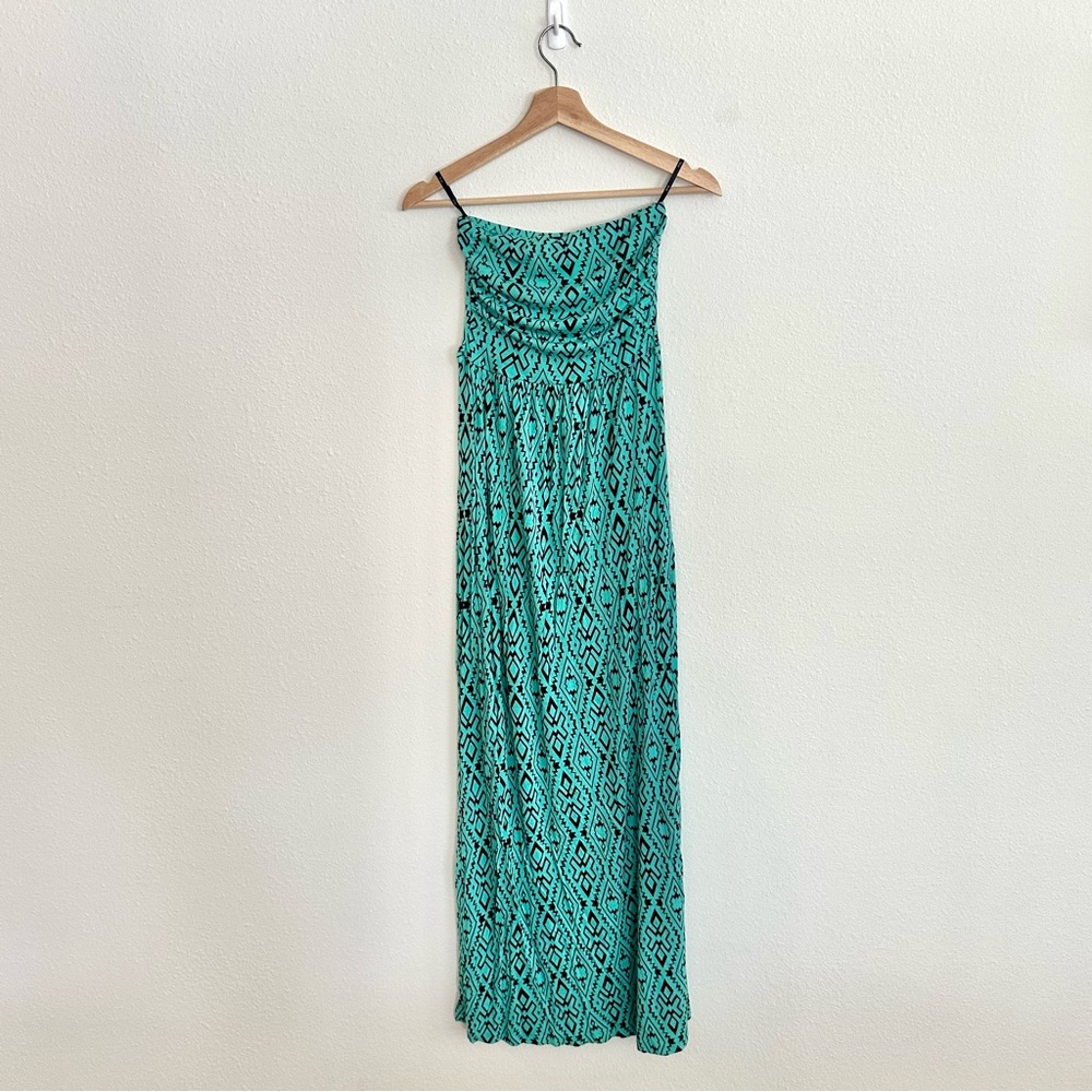 Turquoise Geo Patterned Maxi Dress, Strapless